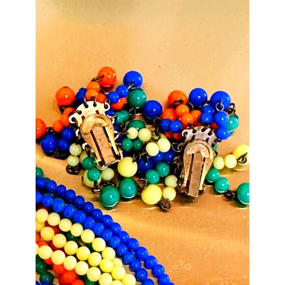 Vintage 1930s Multi Strand Necklace/Earring Set Japan Glass Beads Bright Costume - Picture 4 of 8